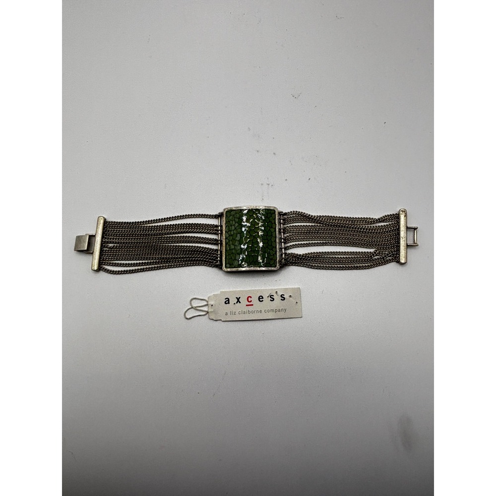 Axcess Liz Claiborne Green Enamel Multi Strand Chain‎ Bracelet Silver Tone 7"